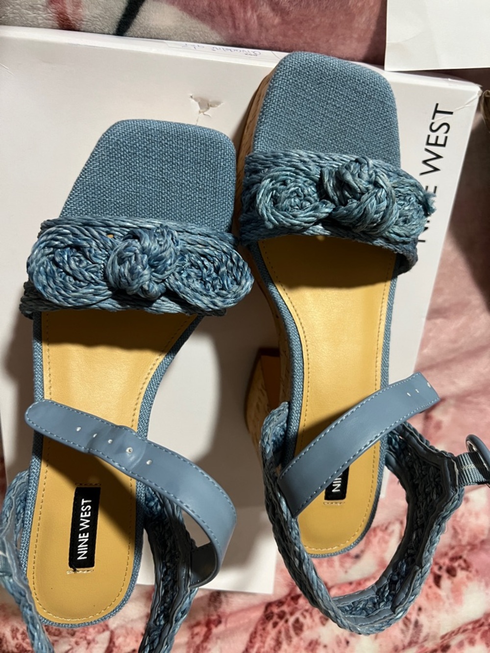 Nine West Light Blue Braided Strap Block Heel Sandals
